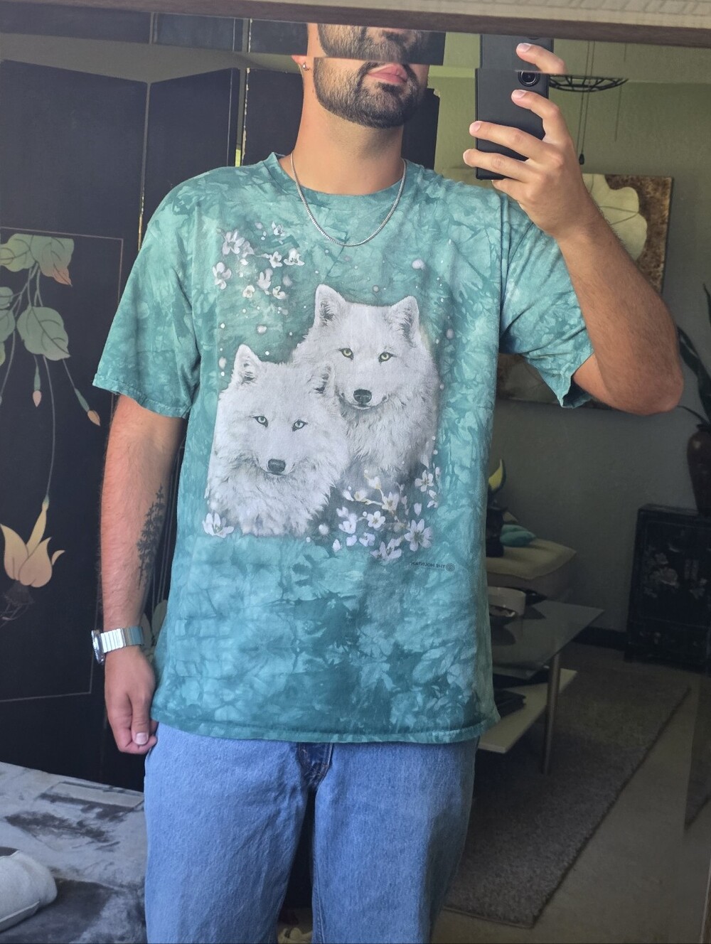 The Mountain Teal Tie-Dye Tee with White Wolf Pair Graphic